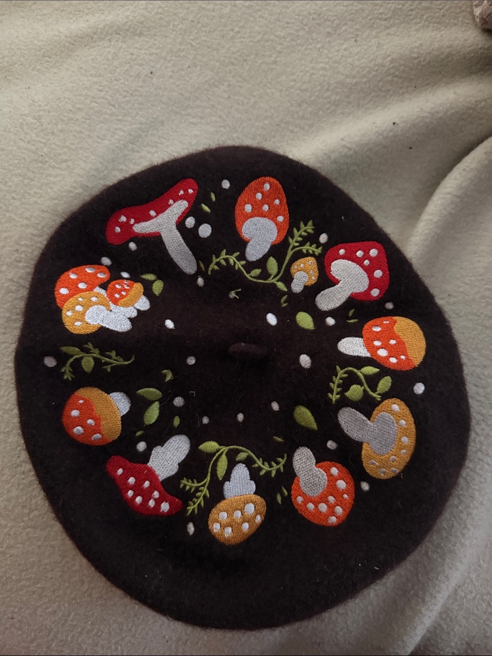 Handmade Brown Beret with Red & Orange Mushroom Embroidery